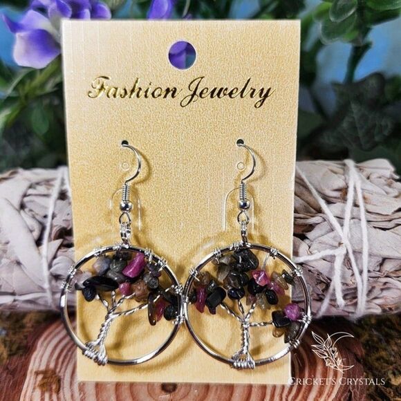 Watermelon Tourmaline Tree of Life Earrings #11 - Picture 1 of 2